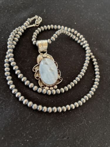 Navajo Blue Larimar Pendant Necklace | Sterling Silver Beads | Authentic Native American Handmade | 01212