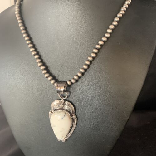 White Buffalo Turquoise Pendant Necklace | Sterling Silver | Navajo | Authentic Native American Handmade | 14049