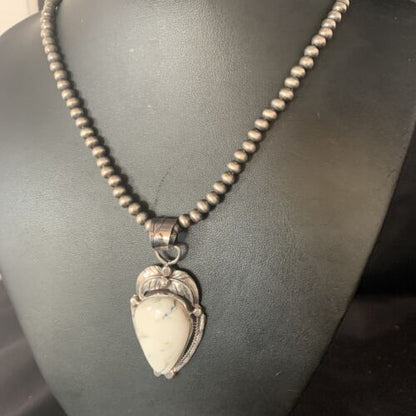White Buffalo Turquoise Pendant Necklace | Sterling Silver | Navajo | Authentic Native American Handmade | 14049