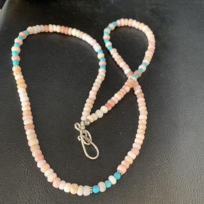 Navajo Blue Turquoise Pink Opal Bead Necklace | Sterling Silver | Authentic Native American Handmade | 22" | 13592