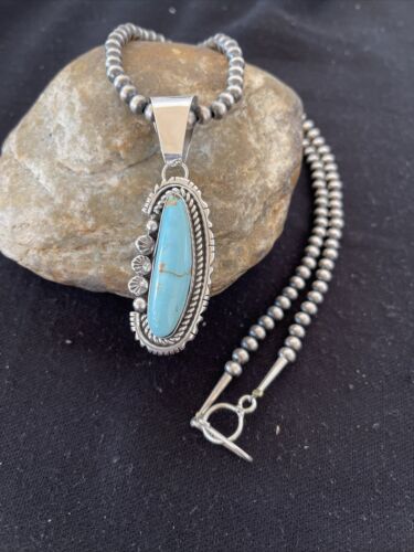 Men's Dry Creek Turquoise Pendant Necklace | Navajo Pearls | Sterling Silver | Authentic Native American Handmade | 1181