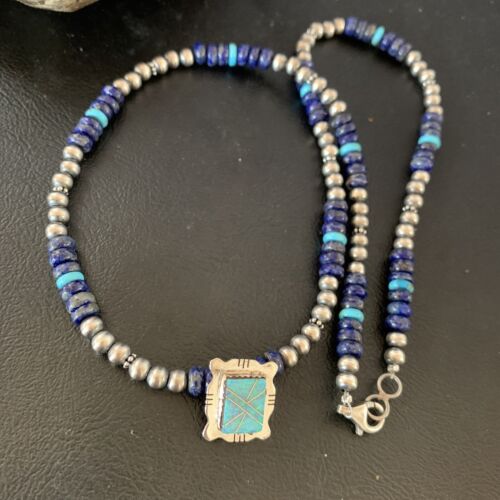 Navajo Men's Blue Lapis Turquoise Opal Inlay Pendant Necklace | Sterling Silver | 22" | 13358