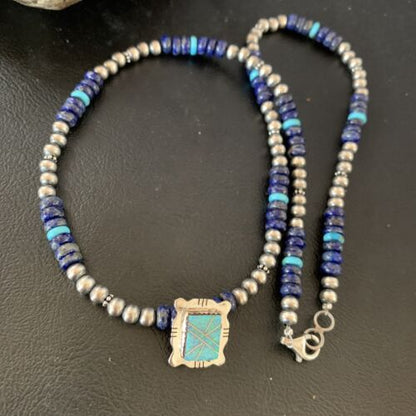 Navajo Men's Blue Lapis Turquoise Opal Inlay Pendant Necklace | Sterling Silver | 22" | 13358