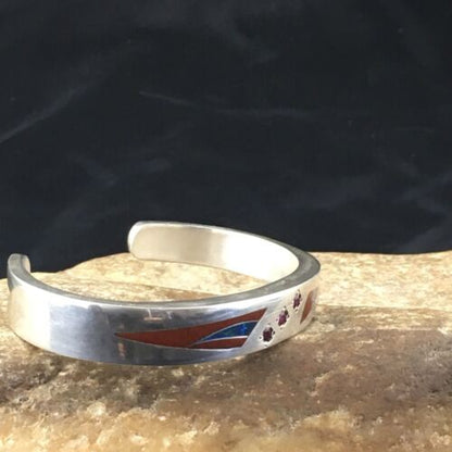 Navajo Ruby Coral Lapis Inlay Bracelet | Sterling Silver | Authentic Native American Handmade | 1098