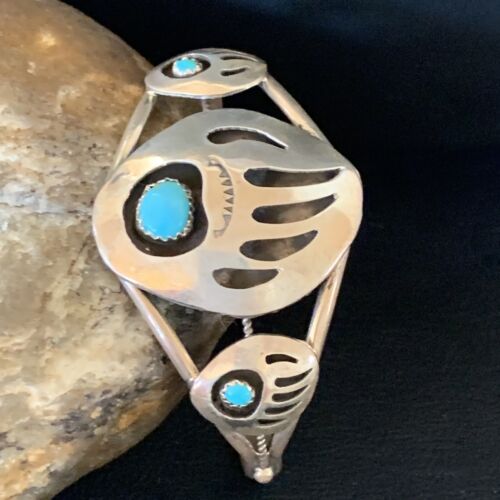 Navajo Turquoise Bear Paw Cuff Bracelet | Sterling Silver | Authentic Native American Handmade | 12875