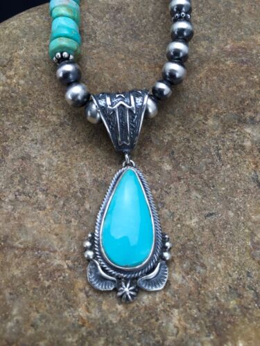 Navajo Blue Turquoise Pendant Necklace | Sterling Silver | Authentic Native American Handmade | 2641 - Masha USA