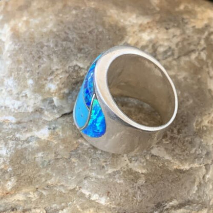 Navajo Blue Turquoise Opal Inlay Band | Sz 5 | Authentic Native American Handmade Men's Pinky Ring | 12858