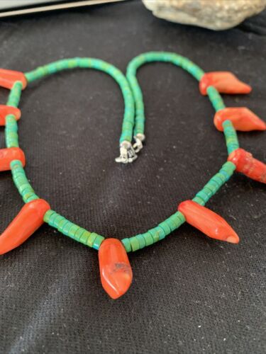 Navajo Turquoise Coral Chili Pepper Necklace | 20" | Sterling Silver Beads | Southwestern | 00828