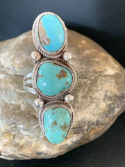 Navajo Blue Turquoise Cluster Ring | Authentic Native American Sterling Silver | Multi-Stone | Sz 10 | 02124