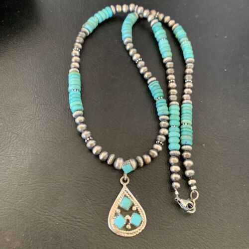 Navajo Men's Navajo Pearls Necklace | Authentic Native American Sterling Silver | Blue Kingman Turquoise Pendant | Multi-Stone | 12475