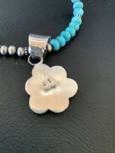 Navajo Blue Turquoise Pendant Necklace | Sterling Silver Pearls | Authentic Native American Handmade | 13220