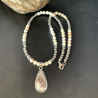Navajo Pearls Necklace with Wild Horse Turquoise Pendant | Sterling Silver | Authentic Native American Handmade | 13904