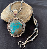 Men's Navajo Pearls Necklace Pendant | Sterling Silver | Blue Turquoise #8 | Authentic Native American Handmade | 528