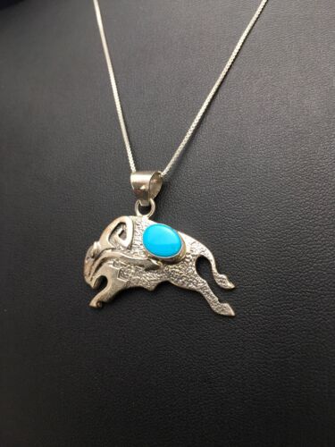 Navajo Buffalo Turquoise Pendant 1.25" | Sterling Silver | Native American Handmade | 20" | 3024