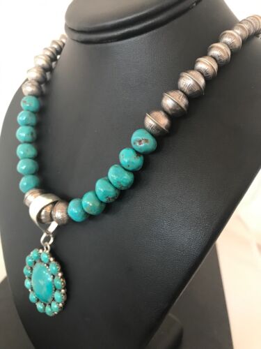 Navajo Pearls Kingman Turquoise Beads Necklace | Sterling Silver Pendant | Native American Handmade | 1223
