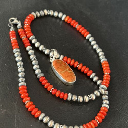 Navajo Red Apple Coral Pendant Necklace | Sterling Silver | Authentic Native American Handmade | 14373