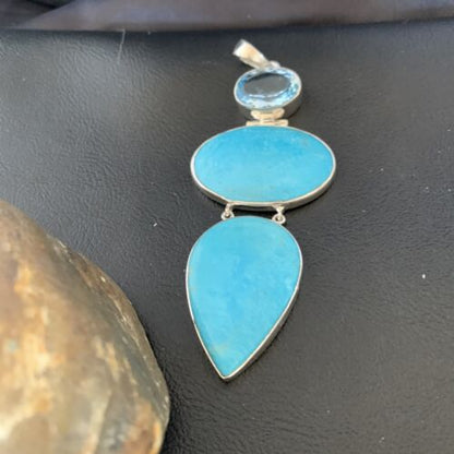 Navajo Blue Topaz Turquoise Multi-Stone Pendant | Authentic Native American Sterling Silver | 3.5" | 12023