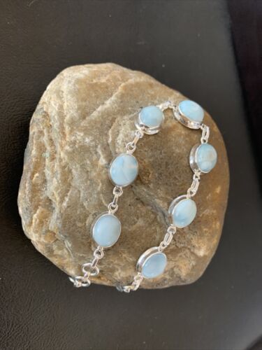 Navajo Blue Larimar 7-Link Bracelet | Sterling Silver | 7.5" | Authentic Native American Handmade | 10625