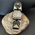 Navajo Men's Watch Tips | Sterling Silver with Onyx, Coral, Turquoise Inlay | Authentic Native American Jewelry | 11576