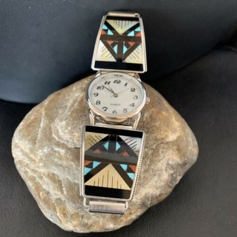 Navajo Men's Watch Tips | Sterling Silver with Onyx, Coral, Turquoise Inlay | Authentic Native American Jewelry | 11576