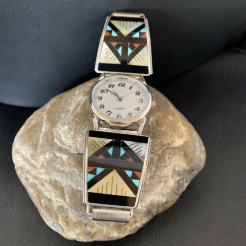 Men Watch Tips Zuni Sterling Silver Onyx Coral Turquoise Inlay Tips Band 11576