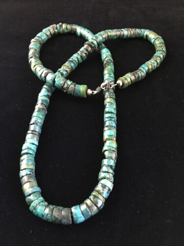 Native American Green Turquoise Heishi Necklace | Sterling Silver | 26" | 13901