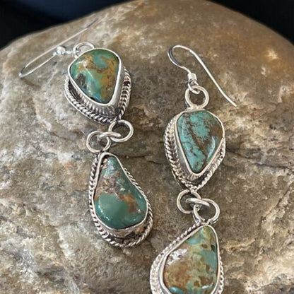 Native American Green Royston Turquoise Dangle Earrings | Navajo Handmade Sterling Silver | 1585