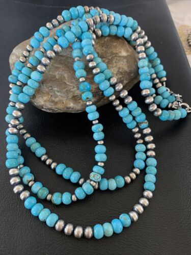 Navajo Blue Turquoise Sterling Silver Graduated Bib Necklace | 3-Strand | 22" | Authentic Native American | 02153