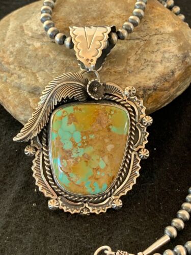 Navajo Royston Turquoise Pendant Necklace | Sterling Silver | Authentic Native American Handmade | 4126 - Masha USA