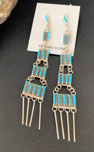 Zuni Handmade Kingman Turquoise Needle Point Dangle Earrings | Sterling Silver | 12123