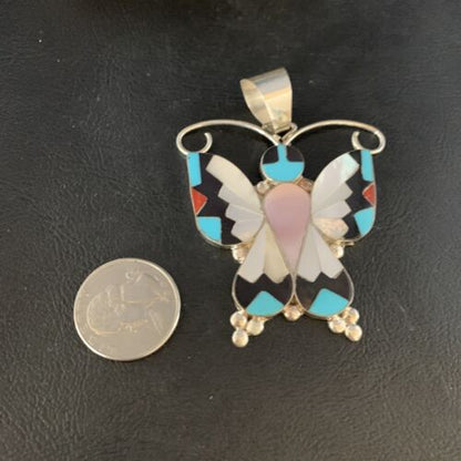 Zuni Butterfly Pendant Necklace | Turquoise Mother of Pearl Onyx Inlay | Sterling Silver | 13684