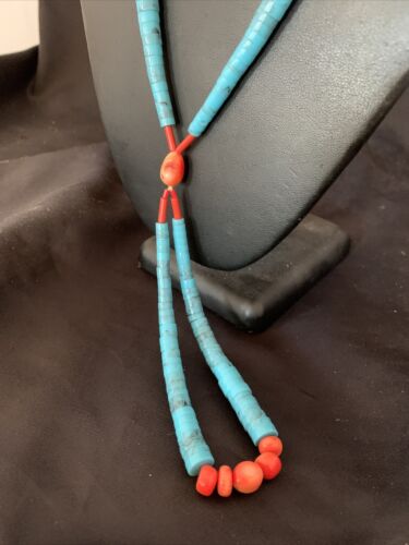 Southwestern Santo Domingo Pink Coral Blue Turquoise Jacla Necklace | 20" | Authentic Native American Handmade | 12515