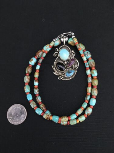 Navajo Turquoise and Spiny Oyster Multi-Stone Necklace | Authentic Native American Sterling Silver | 21" | 4885