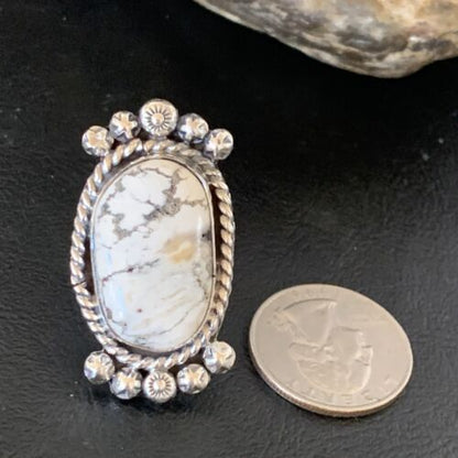 Navajo White Buffalo Turquoise Ring | Sterling Silver | Sz 8.5 | Authentic Native American Handmade | 13348