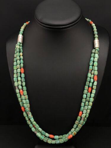 Navajo Green Royston Turquoise Spiny Oyster Necklace | Sterling Silver | 3-Strand 26" | 1140