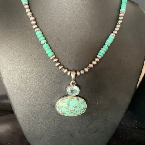 Navajo Pearls Necklace with Blue Spiderweb Turquoise Pendant | Sterling Silver | 13910