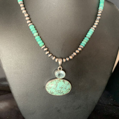 Navajo Pearls Necklace with Blue Spiderweb Turquoise Pendant | Sterling Silver | 13910