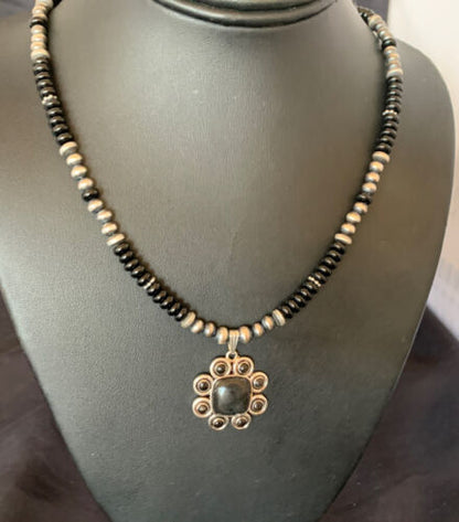 Navajo Pearl Necklace Pendant | Authentic Native American Sterling Silver Black Onyx | Multi-Stone | 22" | 12270