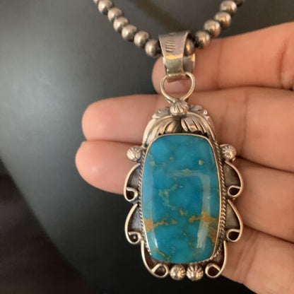 Men's Navajo Blue Kingman Turquoise Pendant Necklace | Sterling Silver | Authentic Native American Handmade | 13665
