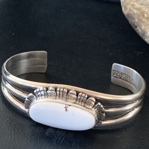 Navajo White Buffalo Turquoise Cuff Bracelet | Sterling Silver | Authentic Native American Handmade | 1422