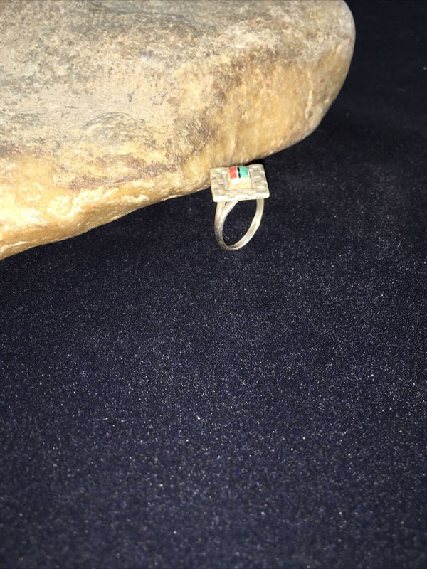 Navajo Women's Turquoise, Coral & Onyx Inlay Ring | Sterling Silver | Sz 5.5 | Authentic Native American Handmade | 01797