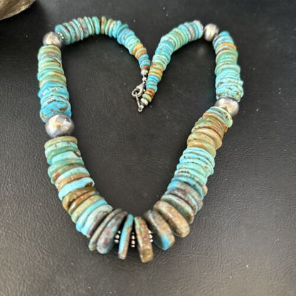Navajo Blue Green Turquoise Bead Necklace | Sterling Silver | Authentic Native American | 20" | 14238