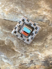 Native American Women's Navajo Blue Turquoise Coral Inlay Ring | Sz 8 | 13132