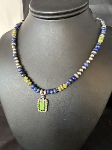Navajo Green Turquoise and Lapis Pendant Necklace | Sterling Silver | Authentic Native American Handmade | 14634