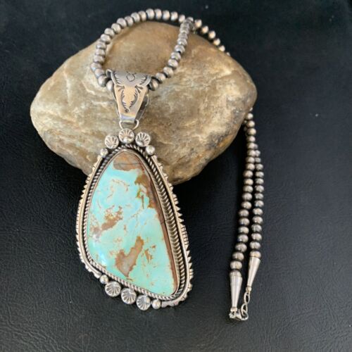 Blue Royston Turquoise Pendant Necklace | Sterling Silver | 3.5" | Authentic Native American Handmade | 13939