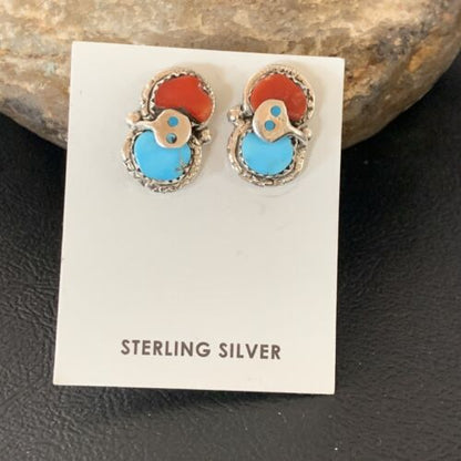 Zuni Snake Earrings | Blue Kingman Turquoise & Red Coral | Sterling Silver | Native American Handmade | 12041