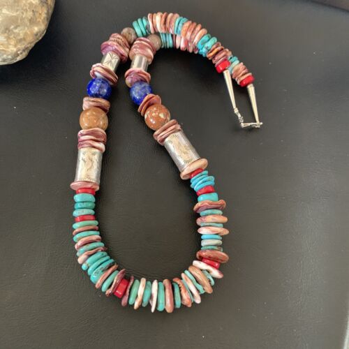 Navajo Turquoise Spiny Oyster Coral Lapis Necklace | Sterling Silver | 24" | Authentic Native American Handmade | 11870