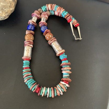 Navajo Turquoise Spiny Oyster Coral Lapis Necklace | Sterling Silver | 24" | Authentic Native American Handmade | 11870
