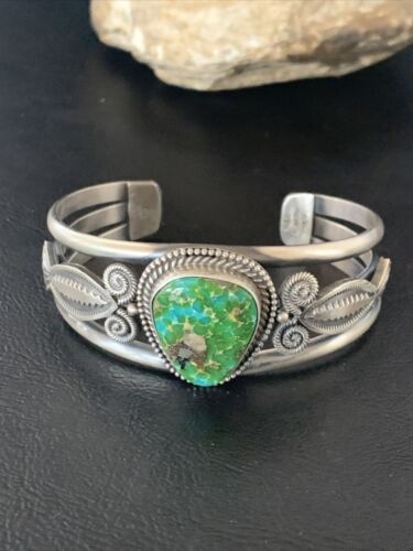 Navajo Green Sonoran Gold Turquoise Cuff Bracelet | Sterling Silver | Authentic Native American Handmade | 13830