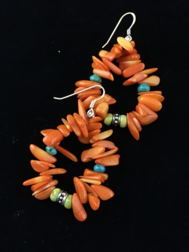 Navajo Orange Coral Turquoise Earrings Set | Sterling Silver | Authentic Native American Handmade | 1784